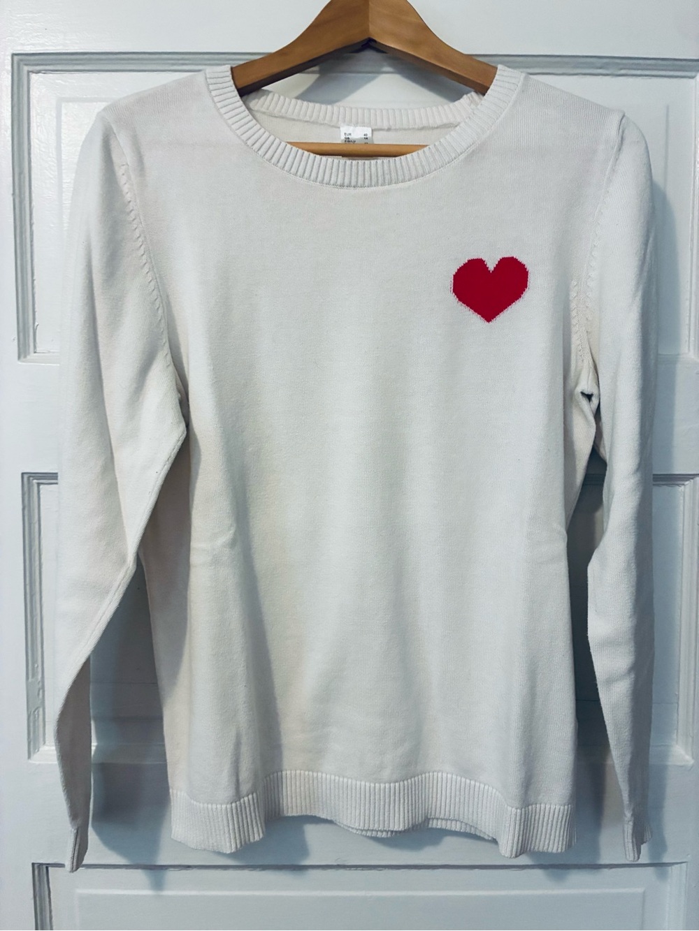 Off-White Crewneck Sweater with Hot Pink Heart